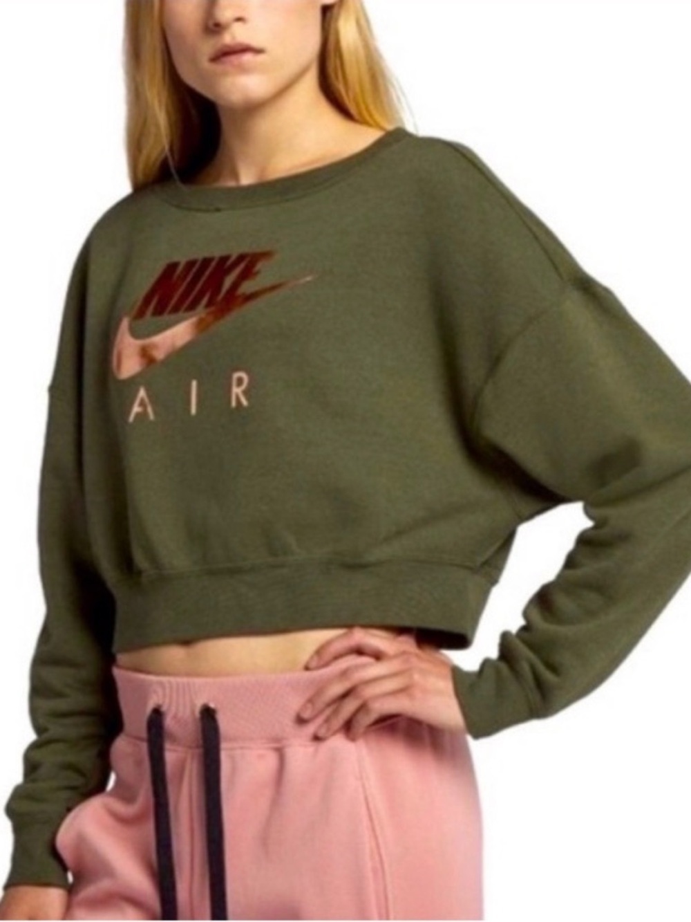 Nike Air Rally batwing  crop Women's Crew In Olive & Rose Gold, back Zip, size M